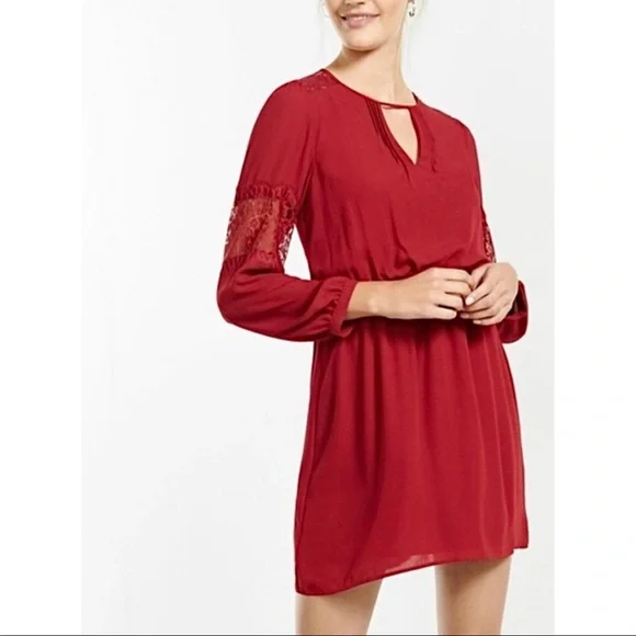 EXPRESS Chiffon Yoke Lace Long Sleeve Dress in Red